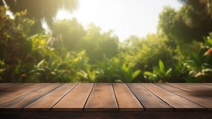 Empty wooden table with daytime home garden background, for product display