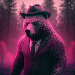 Anthropomorphic Detective Bear Wearing a Suit Pink Lighting