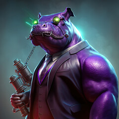 Anthropomorphic Hippo Wearing a Suit Purple Lighting
