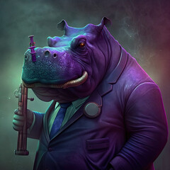 Anthropomorphic Hippo Wearing a Suit Purple Lighting