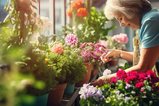 Unrecognizable senior woman gardening on balcony in summer, planting flowers