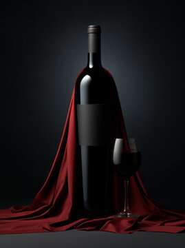 A bottle of red wine in the shape of a male body wrapped in red silk. Drinking culture, winemaking and fashion concept for restaurants, bars, wine lists and elegant parties. Generative AI.