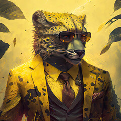 Anthropomorphic Cheetah Wearing a Suit Yellow Lighting