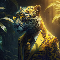 Anthropomorphic Leopard Wearing a Suit Yellow Lighting