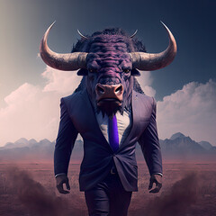 Anthropomorphic Buffalo Wearing a Suit Purple Lighting