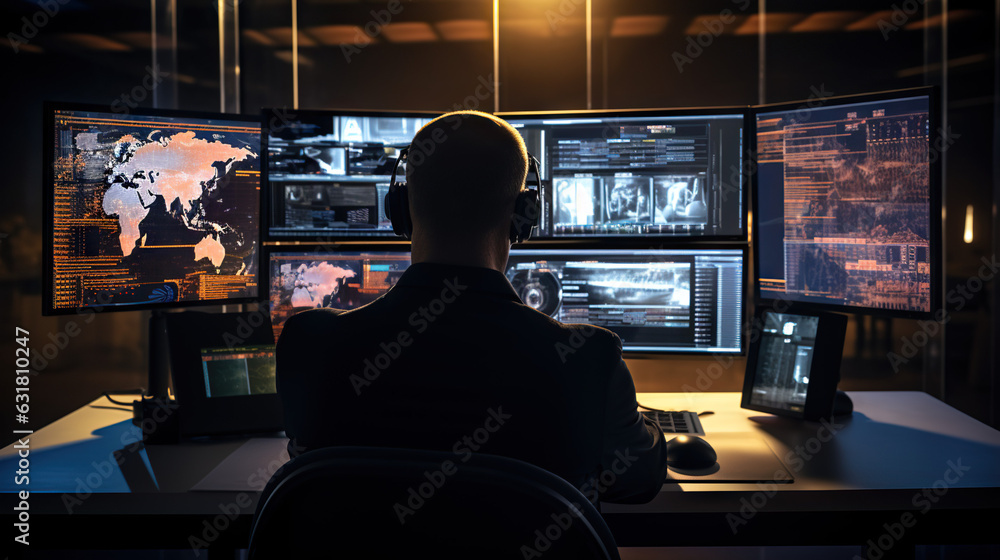 Poster man working on global trade. trader in the office multiple monitors. headphones technology space. co