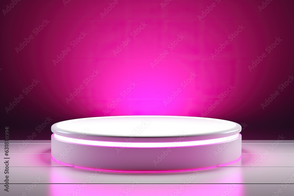 Poster abstract empty podium with neon light on bright pink background. stage for product on website. mock 