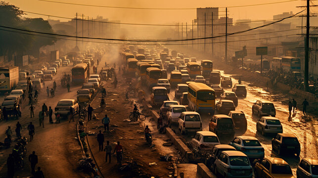 Busy Streets of India. Traffic Cars In dusty Sunset. Bikes, Indian Tuktuk, and Buses. Concept of Travel, Rush Hour, Clogged, and Dust. - Powered by Adobe