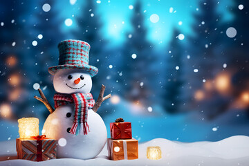 Happy snowman with gifts and christmas tree on snowvy for merry christmas celebration with blur background. 3D watercolor illustration background, Generative AI