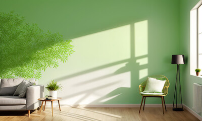 A Living Room with a Green Wall and a Sunlit Window