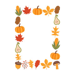 Autumn card. Fall season cozy poster. Autumn thanksgiving seasonal banner with pear, mushrooms, chestnut leaves, pumpkin. Stock vector design
