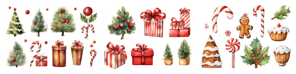 Set of cute christmas elements for merry x'mas celebration on white background. Watercolor illustration background, Generative AI