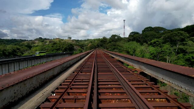 Aerial view of the old railroad tracks on the bridge of Atenas Costa Rica