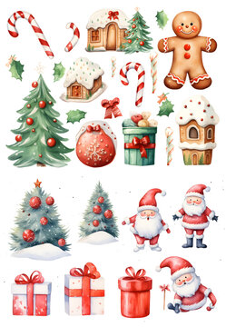 Set of cute christmas elements for merry x'mas celebration on white background. Watercolor illustration background, Generative AI