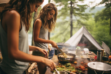 Unrecognizable teenagers camping and cooking