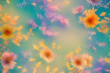 Yellow and Purple Flowers on Gradient Background. Scattered flowers with colors blendings and defocused colored background. Generative AI.