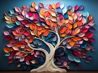 Colorful tree with multicolor leaves illustration background. 3d abstraction wallpaper for interior mural wall art decor generative ai