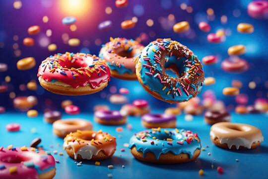 Donuts selection flying on blue background. Various doughnuts isolated on colorful background