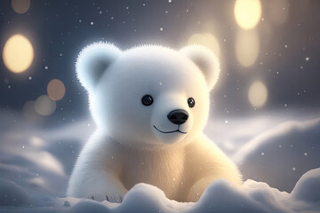 Portrait of a plaing polar bear baby on the snow - obrazy, fototapety, plakaty