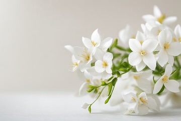 Naklejka na ściany i meble Fragrant jasmine flowers in a small porcelain vases on old wooden table