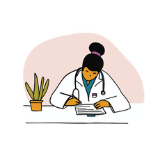 Experience the dedication of healthcare with this captivating illustration of a woman doctor sitting and writing. Healing through knowledge.