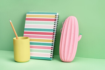 Fototapeta na wymiar One spiralbound notepad with pink cactus pencil case on green. Back to School or drawing and creativity concept. Copy space. Mockup banner