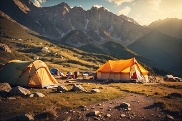Tourist tent in camp among meadow in the mountain