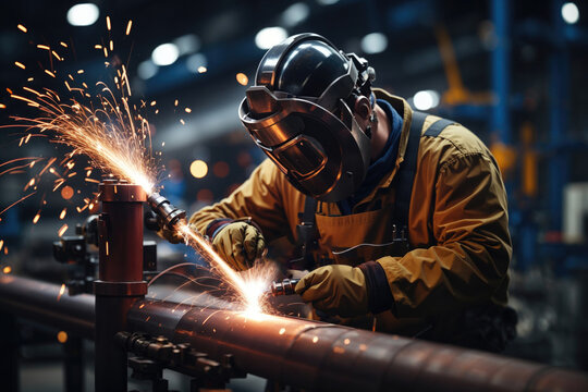 Highly skilled welder workers are welding in the construction site in the factory.