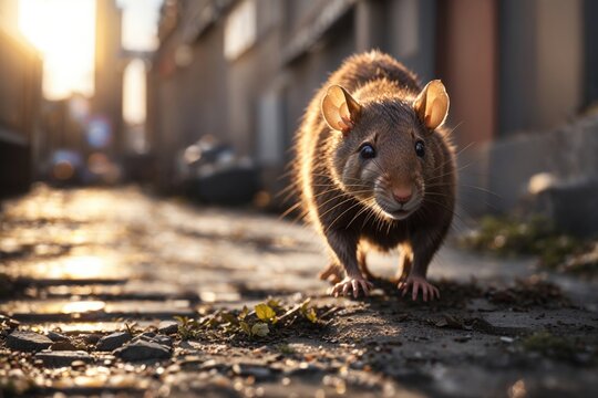 Urban explorer brown rat in city street background