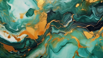 Generative AI : Blue alcohol stains of paint with the addition of gold powder. Subtle waves of paint, abstract blue waves of the ocean, lines of marble. Liquid paints, gradient stains, painting.