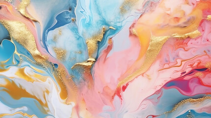 Generative AI : Natural luxury abstract fluid art painting in alcohol ink technique. Tender and dreamy wallpaper. Mixture of colors creating transparent waves and golden swirls. For posters, other pri