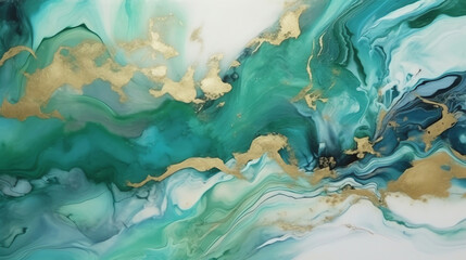 Fototapeta na wymiar Generative AI : Blue alcohol stains of paint with the addition of gold powder. Subtle waves of paint, abstract blue waves of the ocean, lines of marble. Liquid paints, gradient stains, painting.
