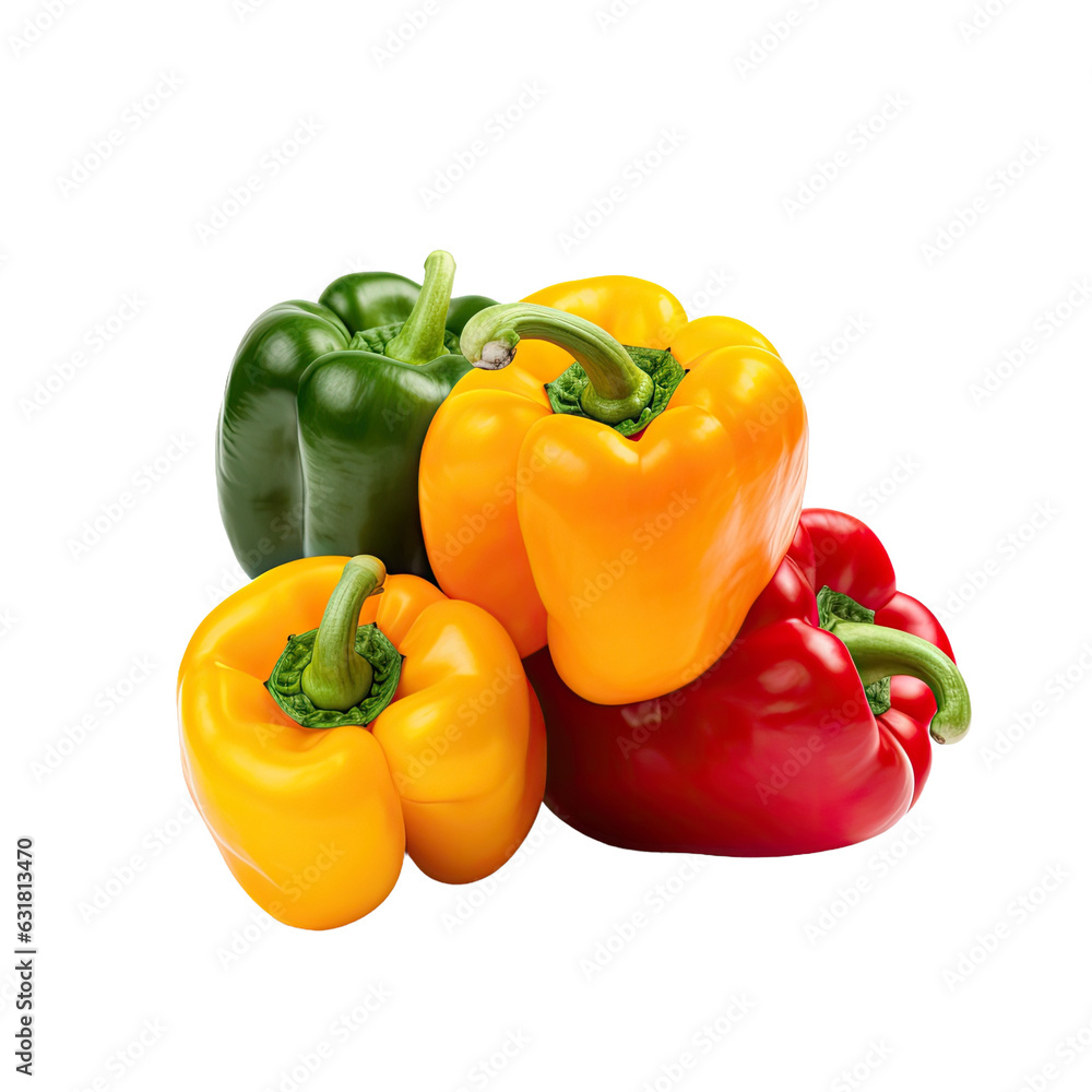 Poster colorful peppers isolated on transparent backround with clipping path and in focus.