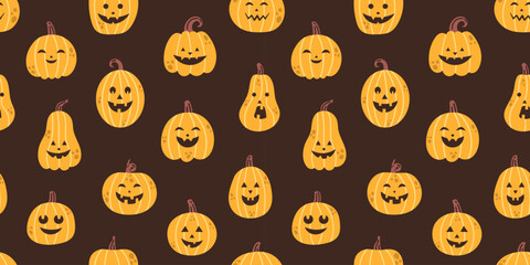 Vector halloween seamless pattern in flat design. Jack o lantern. Halloween pumpkins on dark background. Halloween pumpkins carved faces seamless pattern. Scary and spooky pumpkins.