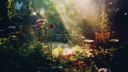A garden with beautiful flowers, a dreamy atmosphere