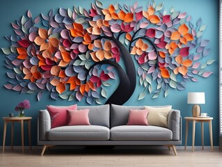 Colorful tree with multicolor leaves illustration background interior wall art decor generative ai
