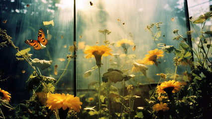 Fototapeta na wymiar A garden with beautiful flowers, a dreamy atmosphere