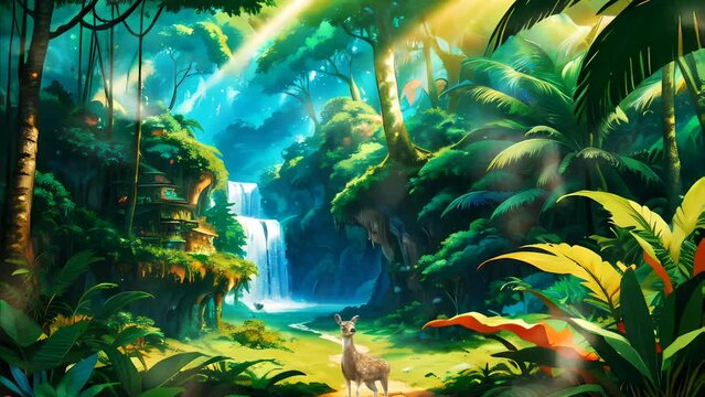 Fantasy tropical green forest with beautiful waterfall. anime watercolor painting landscape illustration. Fantasy forest looping video animation virtual background