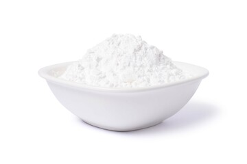 White flour in ceramic bowl isolated on white background with clipping path.