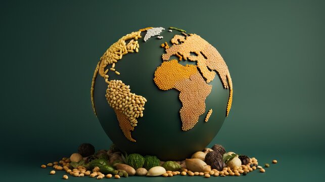 A meticulously crafted planet, formed from a variety of fundamental agricultural seeds and crops, symbolizing the essence of global sustenance and nutrition. Generative AI