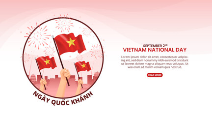 Ngay Quoc Khanh or Vietnam National Day background with waving flag and fireworksNgay Quoc Khanh or Vietnam National Day background with waving flag and fireworks - obrazy, fototapety, plakaty