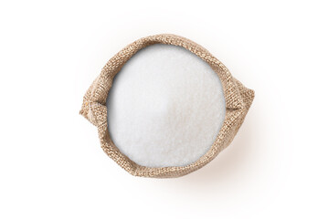 White sand sugar in sack bag isolated on white background.