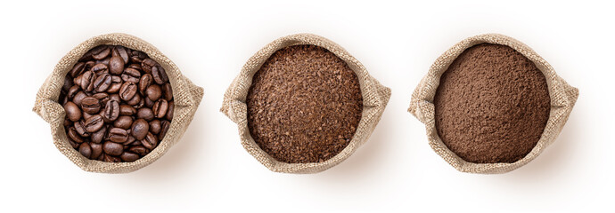Various types of coffee with roasted coffee bean, ground coffee (coffee powder) in sack bag...