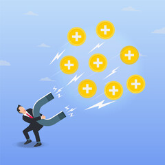 Vector businessman holding a magnet attracts positive symbols design vector illustration