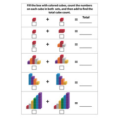 Color cube counting exercise with 3D shapes. Contour vector illustration. mathematics of a geometric figure.