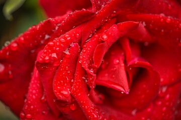 Close-up of a vibrant red rose flower with delicate water droplets glistening on its petals