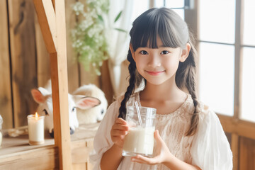 Obraz na płótnie Canvas Portrait of Asian little cute kid holding a cup of milk in kitchen in house. Young preschool daughter stay home with smiling face, happy enjoy drinking milk. Generative AI.