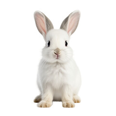 Fototapeta premium Cute white bunny standing on two legs with bright eyes on transparent backround.