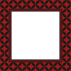 Vector frame with copy space. Traditional geometric black ornament on red background. White paper sheet in bauhaus square frame.