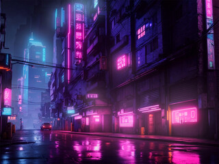 neon city cyberpunk theme night scene with neon lights dark street